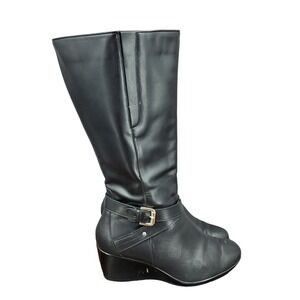 Flexi Riding Boots Womens 9 Black Leather‎ Tall Knee HIgh Wedge Boots Buckle